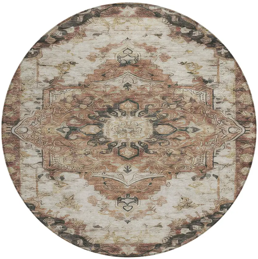 8' Orange And Ivory Round Floral Medallion Washable Indoor Outdoor Area Rug Photo 1