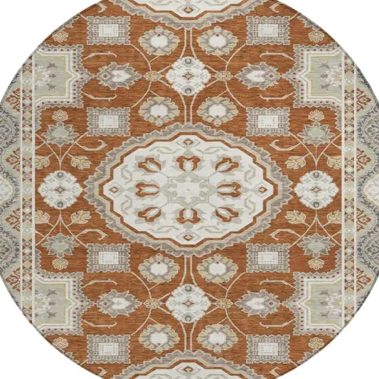 8' Orange And Ivory Round Floral Medallion Washable Indoor Outdoor Area Rug Photo 1