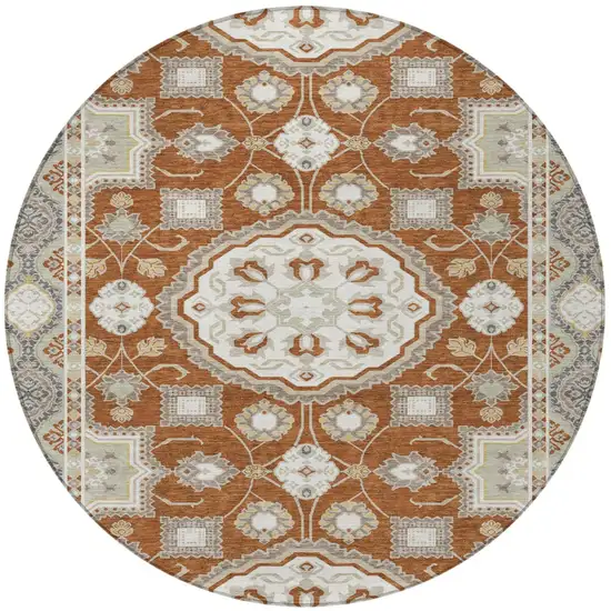 8' Orange And Ivory Round Floral Medallion Washable Indoor Outdoor Area Rug Photo 3