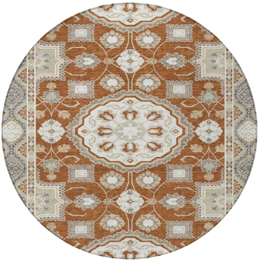 8' Orange And Ivory Round Floral Medallion Washable Indoor Outdoor Area Rug Photo 3