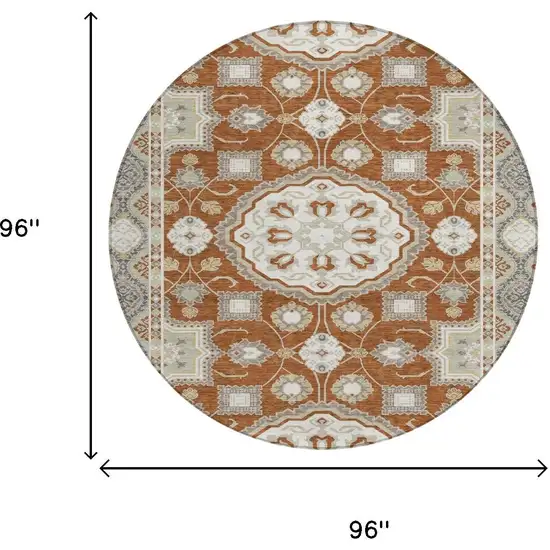 8' Orange And Ivory Round Floral Medallion Washable Indoor Outdoor Area Rug Photo 6