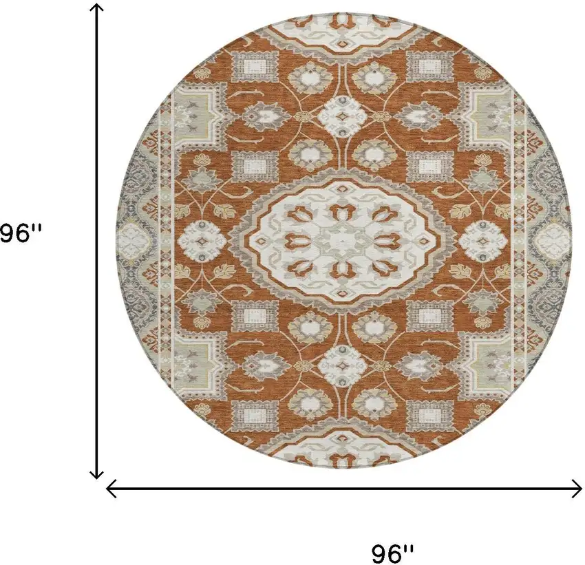 8' Orange And Ivory Round Floral Medallion Washable Indoor Outdoor Area Rug Photo 6