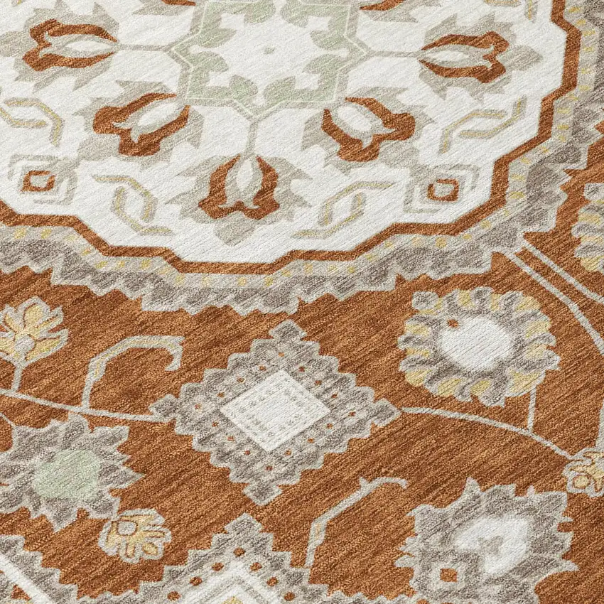 8' Orange And Ivory Round Floral Medallion Washable Indoor Outdoor Area Rug Photo 5