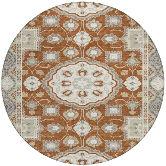 8' Orange And Ivory Round Floral Medallion Washable Indoor Outdoor Area Rug Photo 2