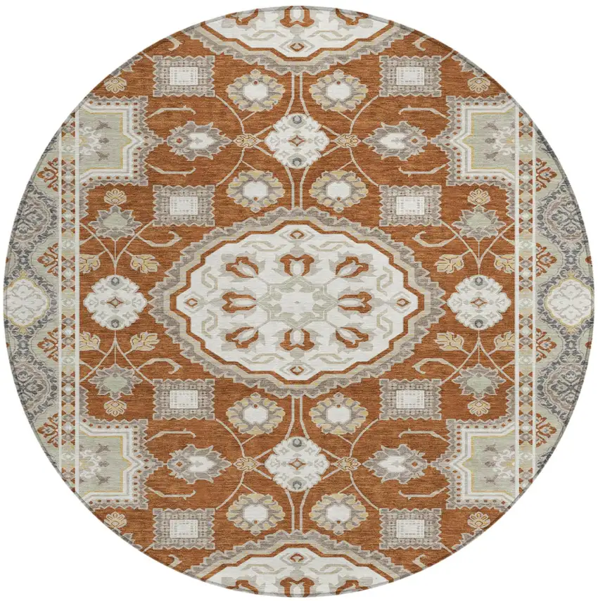 8' Orange And Ivory Round Floral Medallion Washable Indoor Outdoor Area Rug Photo 2