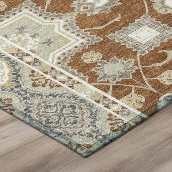 8' Orange And Ivory Round Floral Medallion Washable Indoor Outdoor Area Rug Photo 4