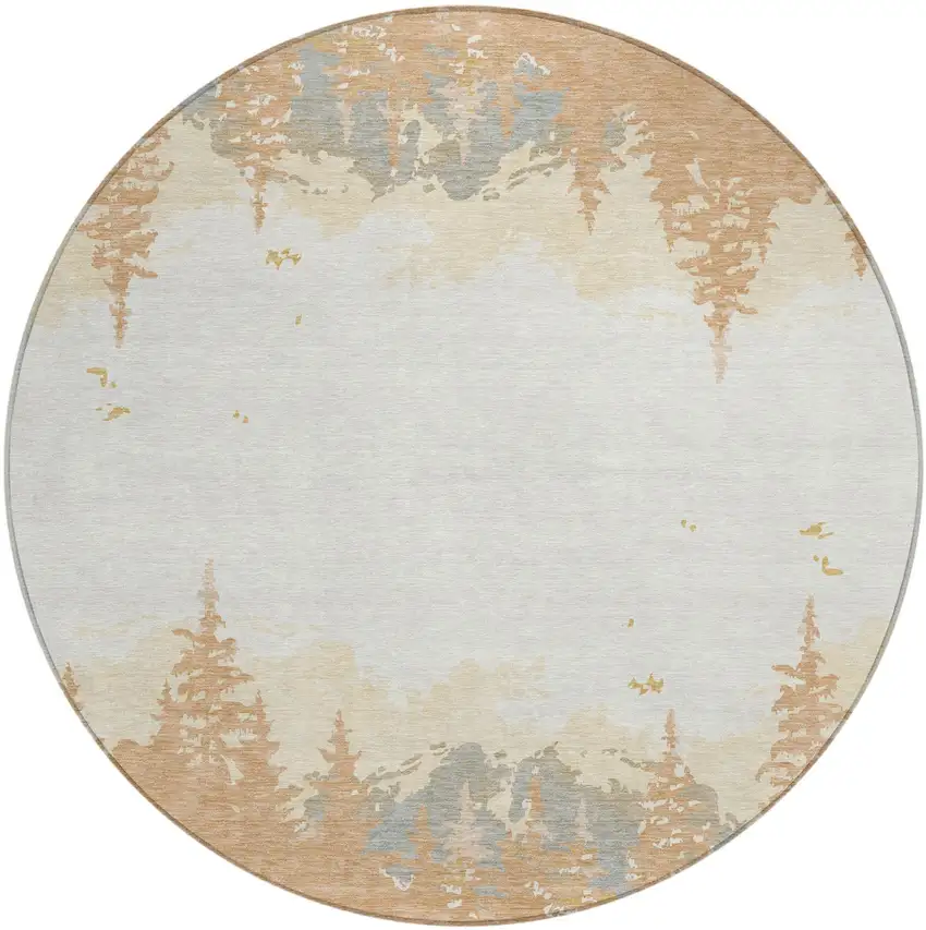 8' Orange And Ivory Round Floral Washable Indoor Outdoor Area Rug Photo 2