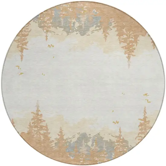 8' Orange And Ivory Round Floral Washable Indoor Outdoor Area Rug Photo 2