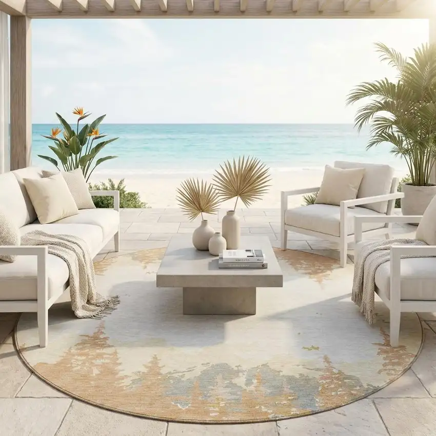 8' Orange And Ivory Round Floral Washable Indoor Outdoor Area Rug Photo 1