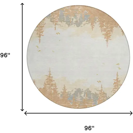 8' Orange And Ivory Round Floral Washable Indoor Outdoor Area Rug Photo 5