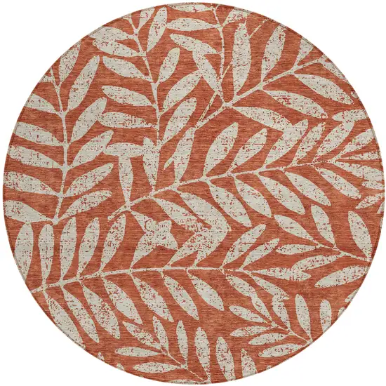 8' Orange And Ivory Round Floral Washable Indoor Outdoor Area Rug Photo 2