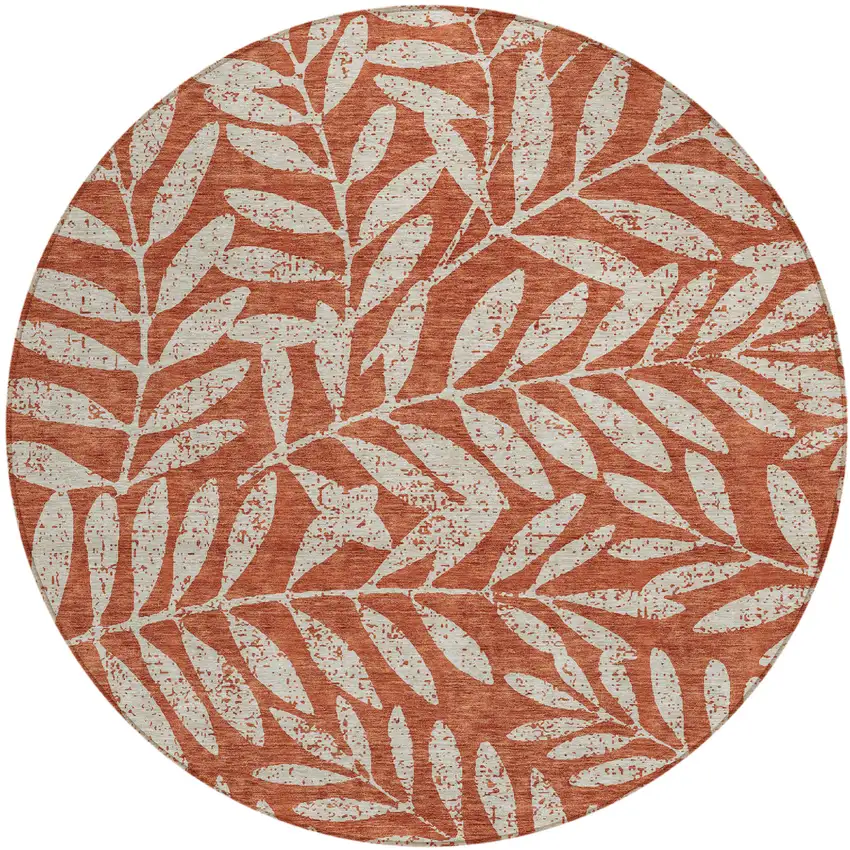 8' Orange And Ivory Round Floral Washable Indoor Outdoor Area Rug Photo 2