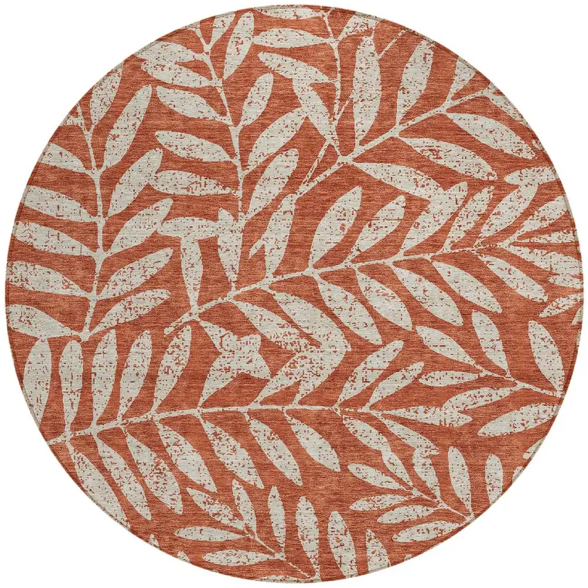 8' Orange And Ivory Round Floral Washable Indoor Outdoor Area Rug Photo 6