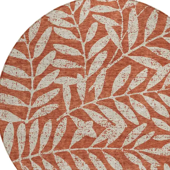 8' Orange And Ivory Round Floral Washable Indoor Outdoor Area Rug Photo 5