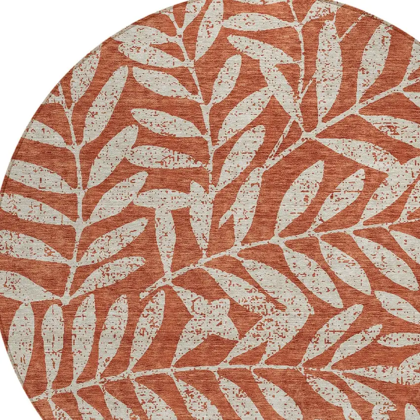 8' Orange And Ivory Round Floral Washable Indoor Outdoor Area Rug Photo 5