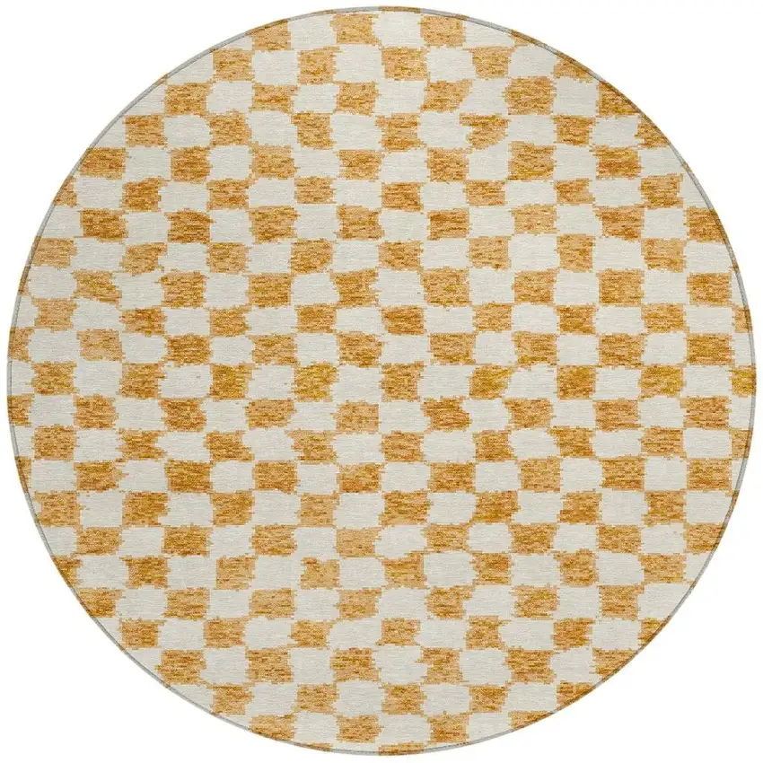 8' Orange And Ivory Round Geometric Washable Indoor Outdoor Area Rug Photo 3