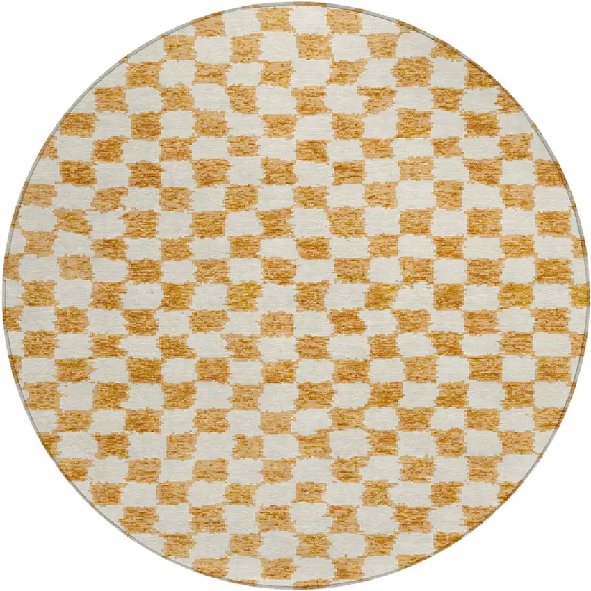 8' Orange And Ivory Round Geometric Washable Indoor Outdoor Area Rug Photo 1