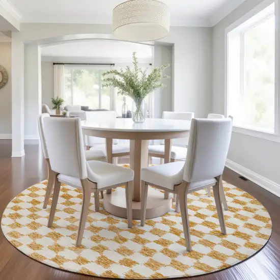 8' Orange And Ivory Round Geometric Washable Indoor Outdoor Area Rug Photo 6