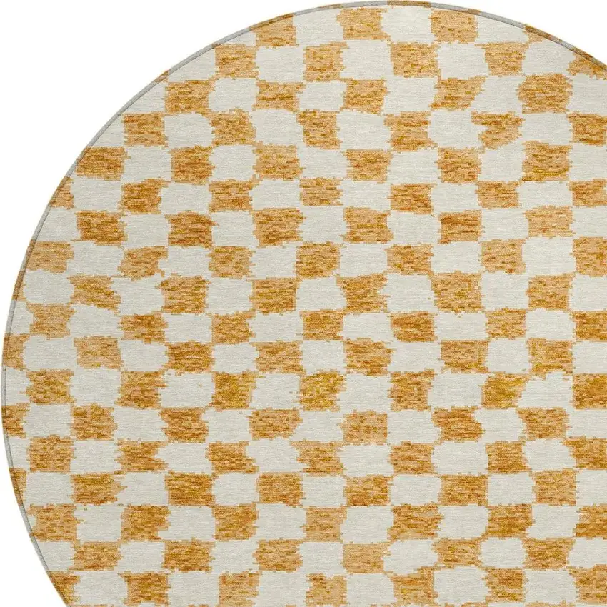 8' Orange And Ivory Round Geometric Washable Indoor Outdoor Area Rug Photo 4