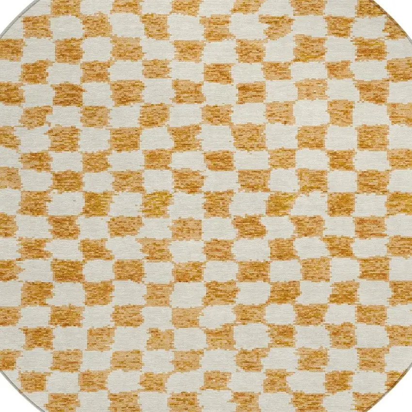 8' Orange And Ivory Round Geometric Washable Indoor Outdoor Area Rug Photo 8