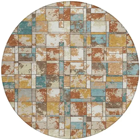 8' Orange And Ivory Round Geometric Washable Indoor Outdoor Area Rug Photo 3
