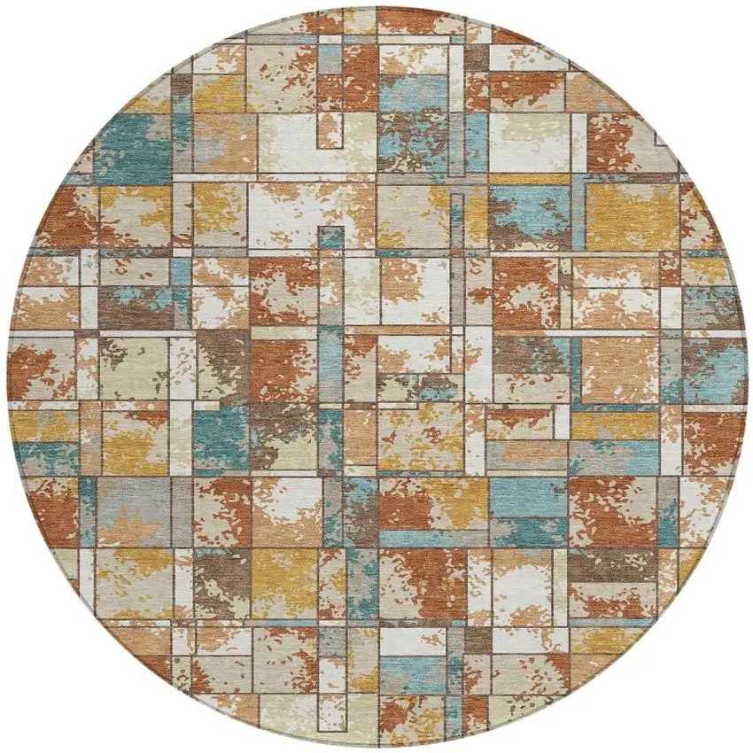 8' Orange And Ivory Round Geometric Washable Indoor Outdoor Area Rug Photo 3