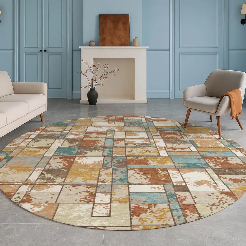 8' Orange And Ivory Round Geometric Washable Indoor Outdoor Area Rug Photo 5