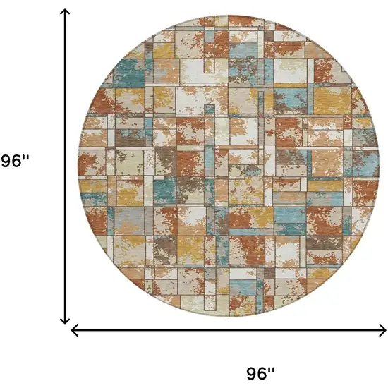 8' Orange And Ivory Round Geometric Washable Indoor Outdoor Area Rug Photo 8