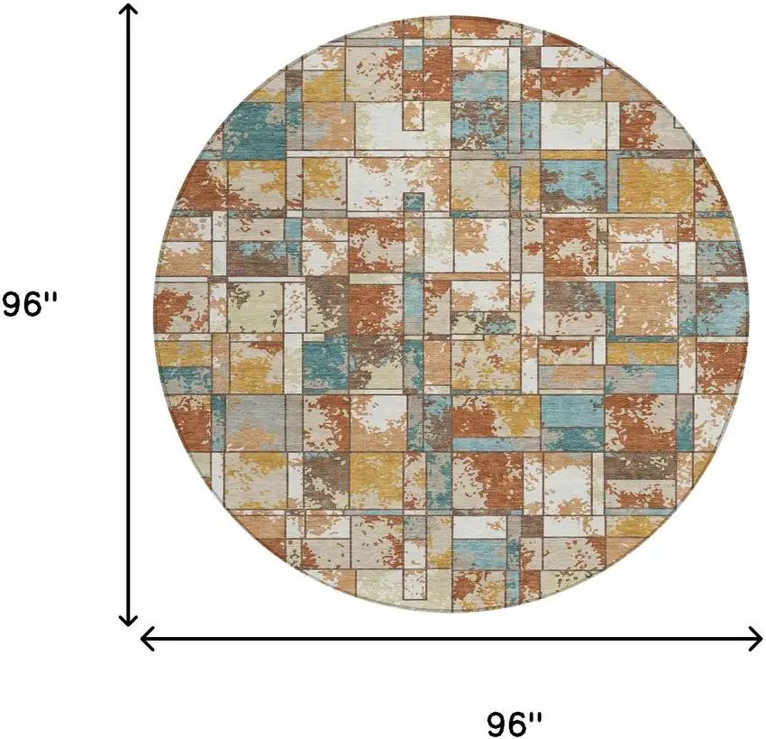 8' Orange And Ivory Round Geometric Washable Indoor Outdoor Area Rug Photo 8