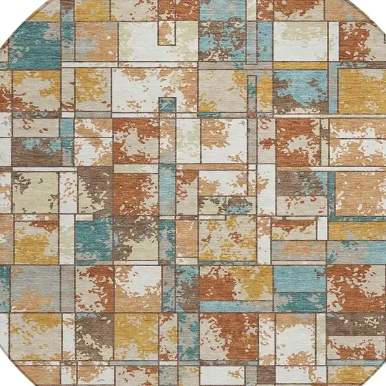 8' Orange And Ivory Round Geometric Washable Indoor Outdoor Area Rug Photo 2