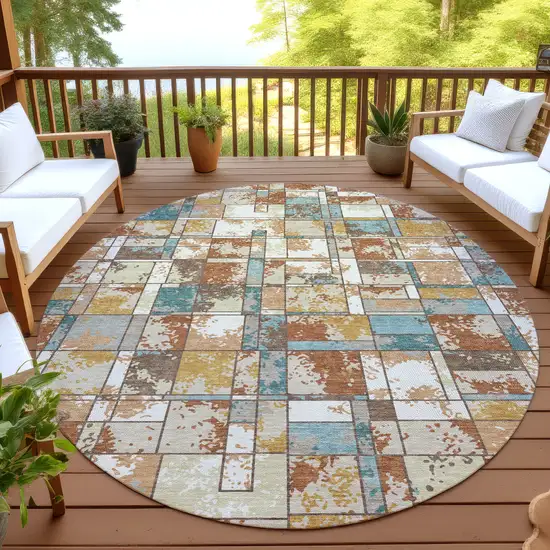8' Orange And Ivory Round Geometric Washable Indoor Outdoor Area Rug Photo 4