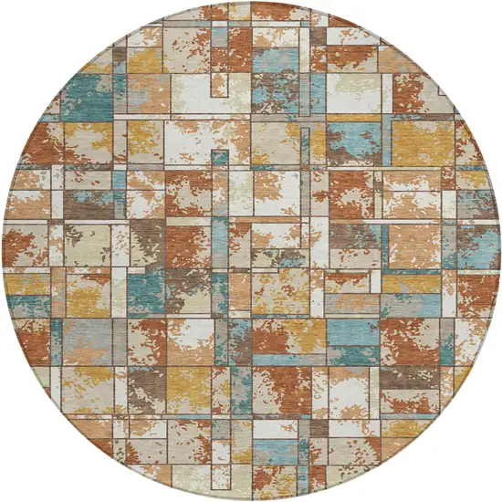 8' Orange And Ivory Round Geometric Washable Indoor Outdoor Area Rug Photo 1