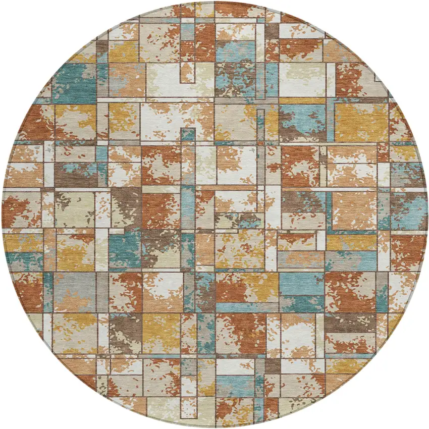 8' Orange And Ivory Round Geometric Washable Indoor Outdoor Area Rug Photo 1