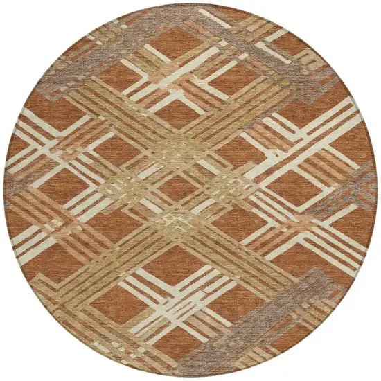 8' Orange And Ivory Round Geometric Washable Indoor Outdoor Area Rug Photo 3