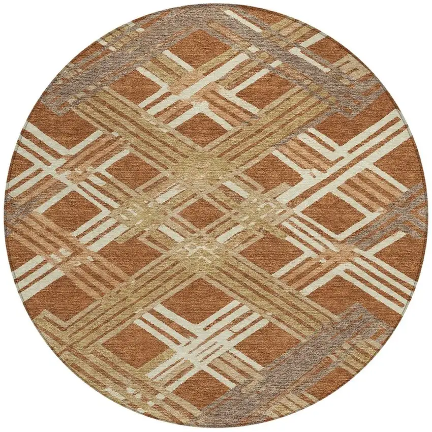 8' Orange And Ivory Round Geometric Washable Indoor Outdoor Area Rug Photo 3