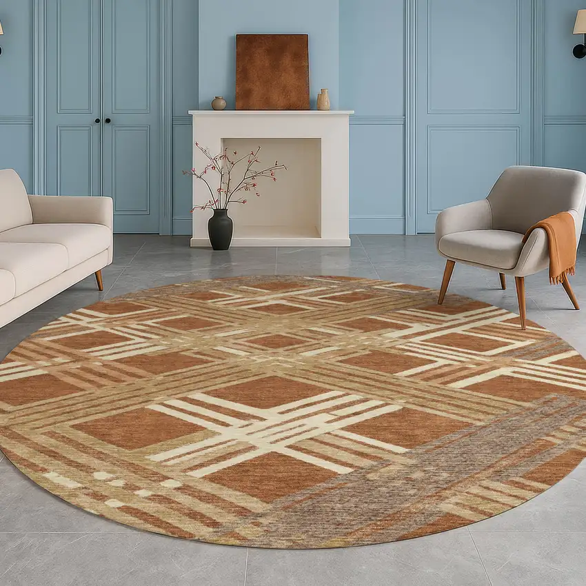 8' Orange And Ivory Round Geometric Washable Indoor Outdoor Area Rug Photo 5