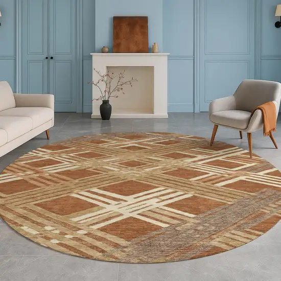 8' Orange And Ivory Round Geometric Washable Indoor Outdoor Area Rug Photo 5