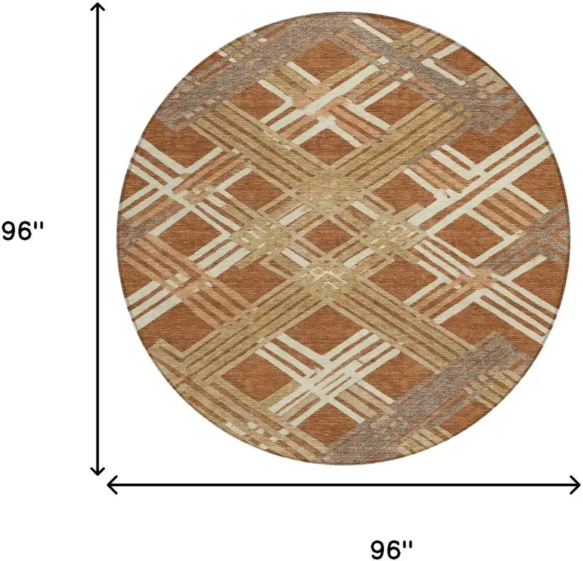 8' Orange And Ivory Round Geometric Washable Indoor Outdoor Area Rug Photo 8