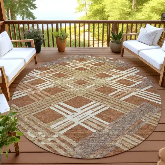 8' Orange And Ivory Round Geometric Washable Indoor Outdoor Area Rug Photo 4