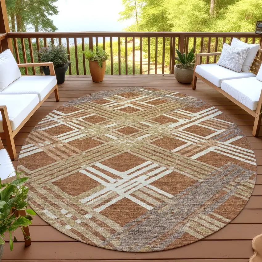 8' Orange And Ivory Round Geometric Washable Indoor Outdoor Area Rug Photo 4