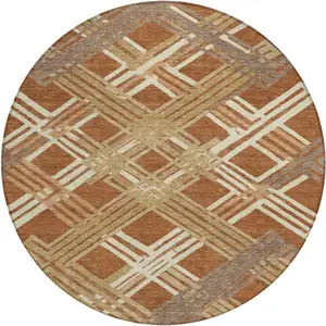 Photo of 8' Orange And Ivory Round Geometric Washable Indoor Outdoor Area Rug