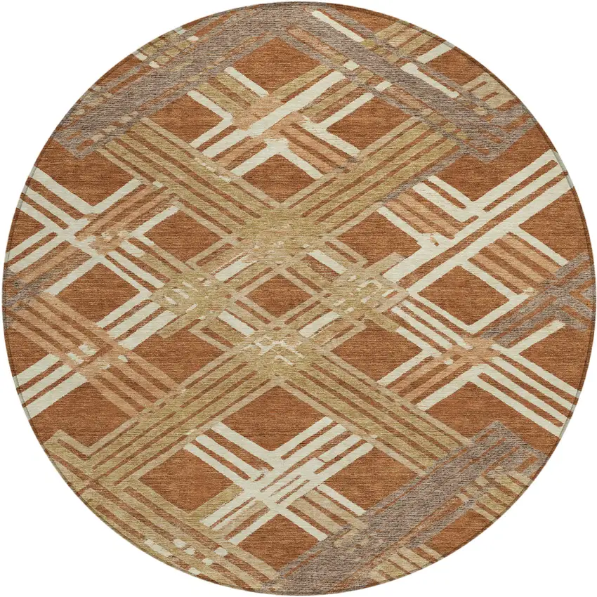 8' Orange And Ivory Round Geometric Washable Indoor Outdoor Area Rug Photo 1