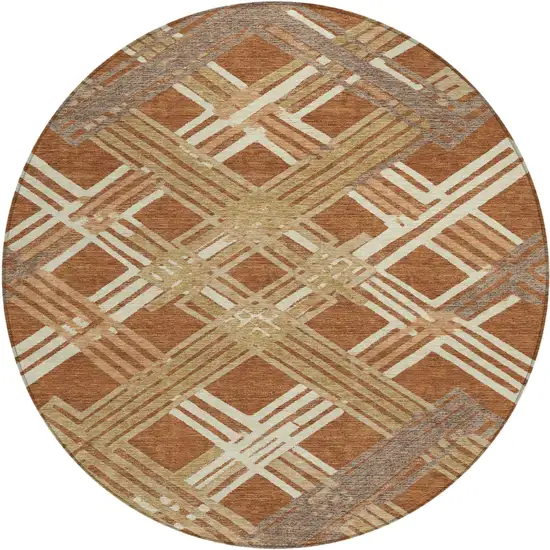 8' Orange And Ivory Round Geometric Washable Indoor Outdoor Area Rug Photo 1
