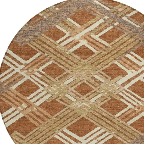 8' Orange And Ivory Round Geometric Washable Indoor Outdoor Area Rug Photo 2
