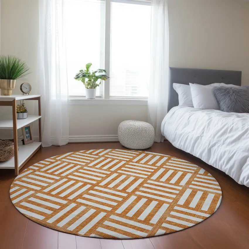 8' Orange And Ivory Round Geometric Washable Indoor Outdoor Area Rug Photo 7