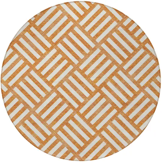 8' Orange And Ivory Round Geometric Washable Indoor Outdoor Area Rug Photo 5