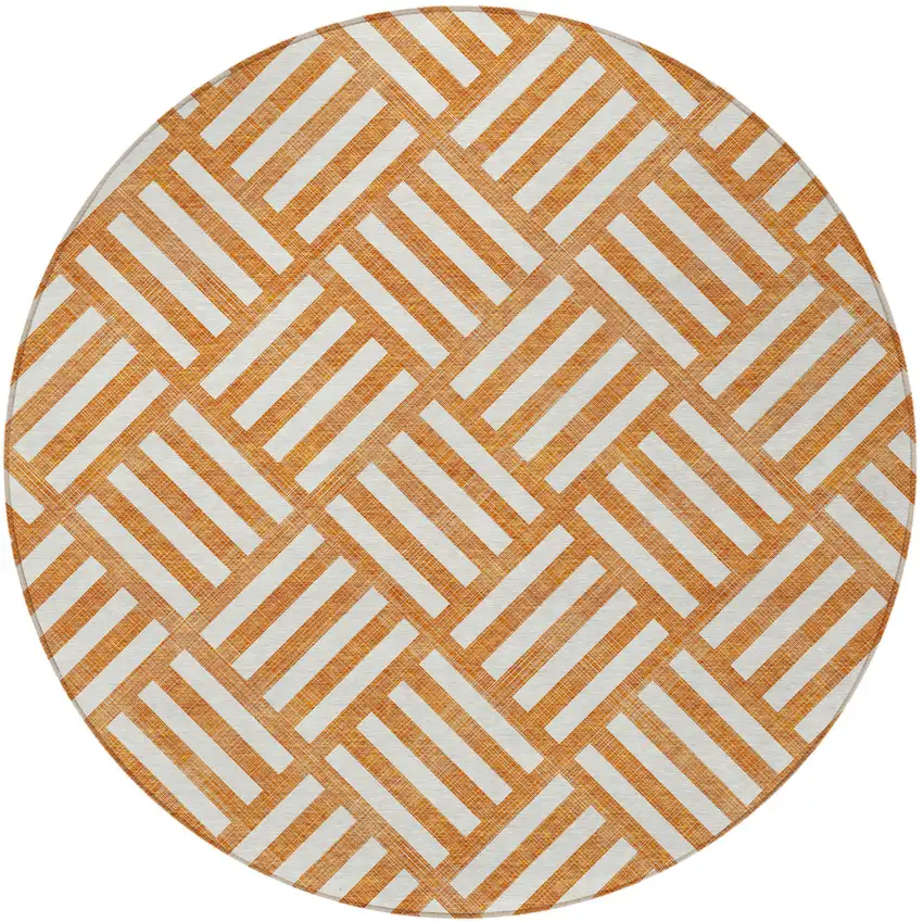 8' Orange And Ivory Round Geometric Washable Indoor Outdoor Area Rug Photo 5