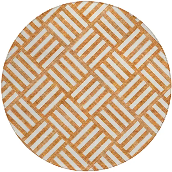 8' Orange And Ivory Round Geometric Washable Indoor Outdoor Area Rug Photo 2