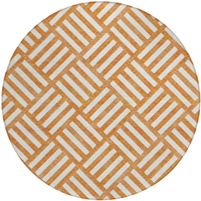 8' Orange And Ivory Round Geometric Washable Indoor Outdoor Area Rug Photo 2