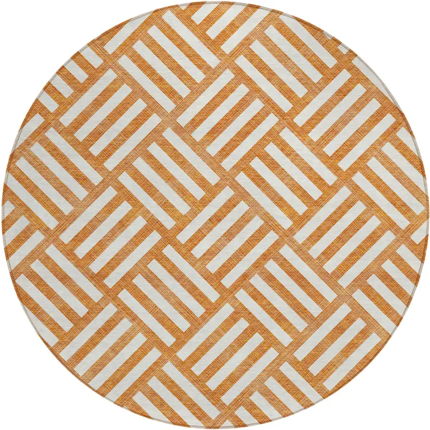 8' Orange And Ivory Round Geometric Washable Indoor Outdoor Area Rug Photo 2